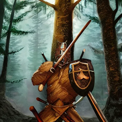 Image similar to digital art of a woodland knight made of wood holding a giant club, in a dark forest, digital art, high quality render, artstation, 8 k, photograph quality, ultrahd, in the style of dungeons and dragons