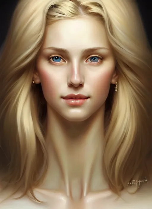 Prompt: beautiful feminine face!! portrait of young wife blessed by god with ever - increasing physical mental perfection, blonde, symmetrical! intricate, sensual features, highly detailed, divine holy perfection!! smile, digital painting, artstation, concept art, smooth, sharp focus, illustration, art by artgerm and greg rutkowski and alphonse mucha