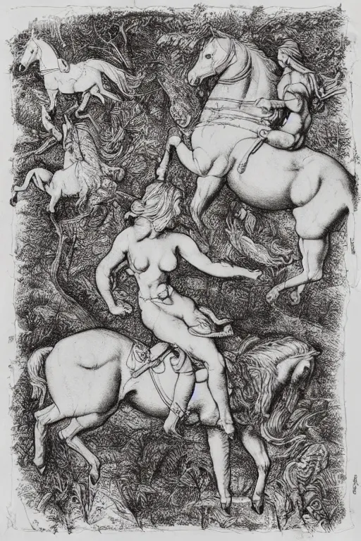 Image similar to “8k ink drawing of Diana huntress in thick forest, Horses in run, intricate in style of Michelangelo and Albrecht Durer, hand made paper”