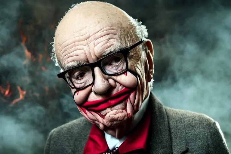 Prompt: Rupert Murdoch wearing glasses and makeup like The Joker, standing in hell surrounded by flames and bones, brilliant colors, color photo, portrait photography, volumetric fog and light, depth of field, bokeh