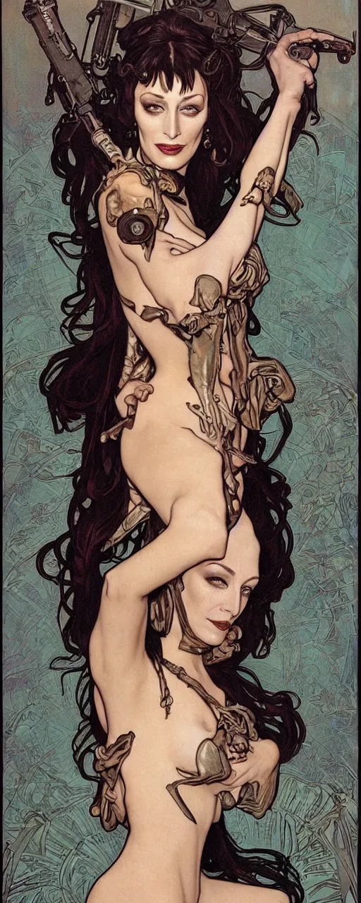 Image similar to striking sensual cartoon art nouveau style portrait of anjelica huston as an industrial crustpunk rebel soldier by glenn fabry, simon bisley and alphonse mucha, photorealism, extremely hyperdetailed, perfect symmetrical facial features, perfect anatomy, ornate declotage, spikes, latex, excited expression, wild eyes