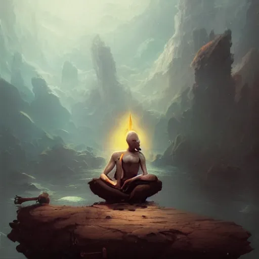 Image similar to in the style of peter mohrbacher, a glowing monk floating and meditating on a rock, dystopian landscape, intricate, masterpiece, award winning, fantasy, hyperrealism intricate