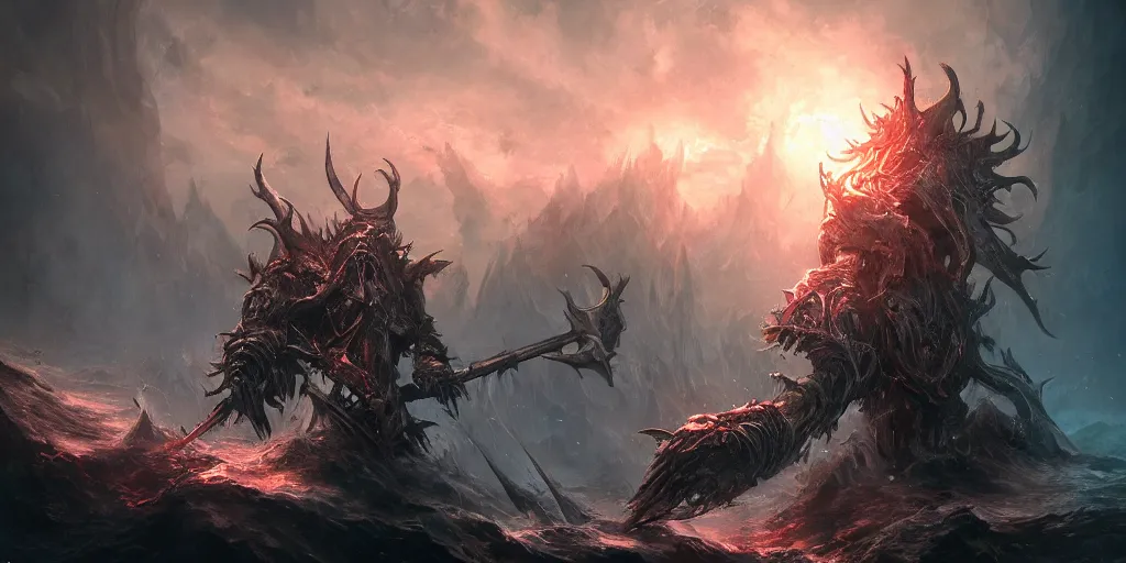 Image similar to revenant of the depths proclaiming a war, concept art, digital illustration, trending on artstation, deviantart, artgerm, epic composition, masterpiece, highly detailed, advanced technique, ambient lighting, foreground background subject, wlop, ross draws