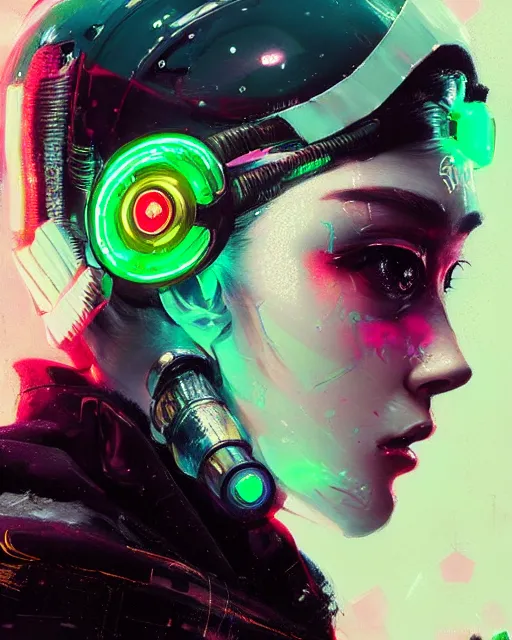 Image similar to detailed side profile portrait Neon Operator Girl, cyberpunk futuristic neon, reflective puffy coat, decorated with traditional Japanese ornaments by Ismail inceoglu dragan bibin hans thoma greg rutkowski Alexandros Pyromallis Nekro Rene Maritte Illustrated, Perfect face, fine details, realistic shaded, fine-face, pretty face