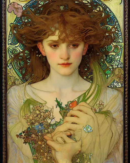 Image similar to an elf princess by Alphonse Mucha, Gustav Klimt and edgar maxence