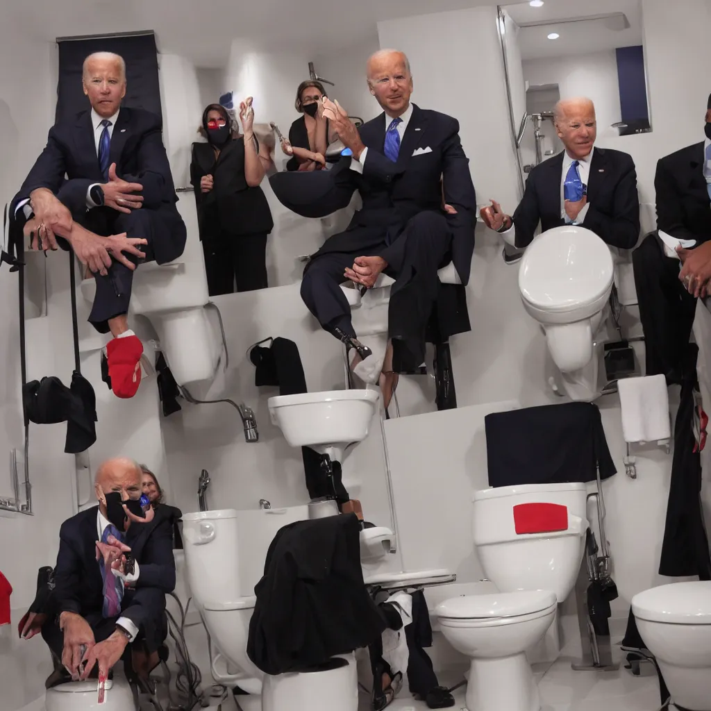 Prompt: joe biden picking his nose while sitting on the toilet, white press conference on cnn