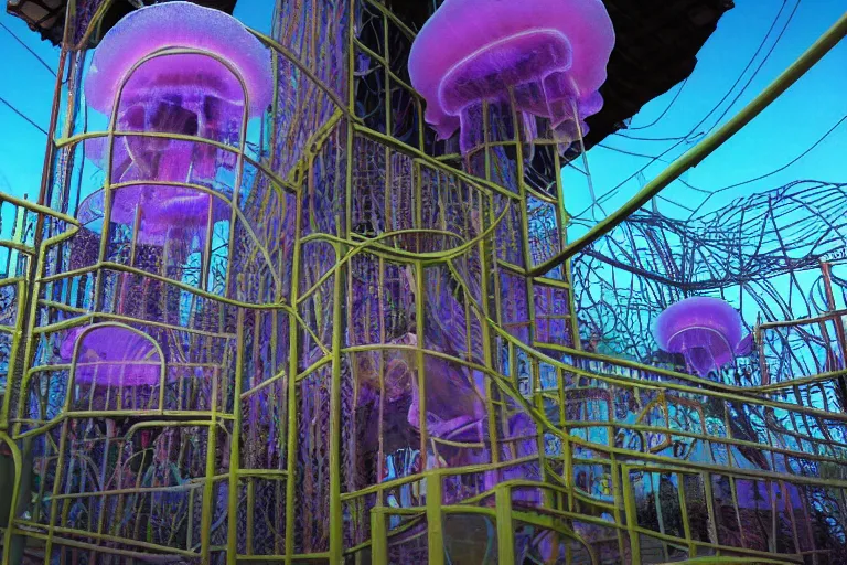 Prompt: favela thick jellyfish cathedral coaster hive, mission arts environment, industrial factory, terrifying, award winning art, epic dreamlike fantasy landscape, ultra realistic,