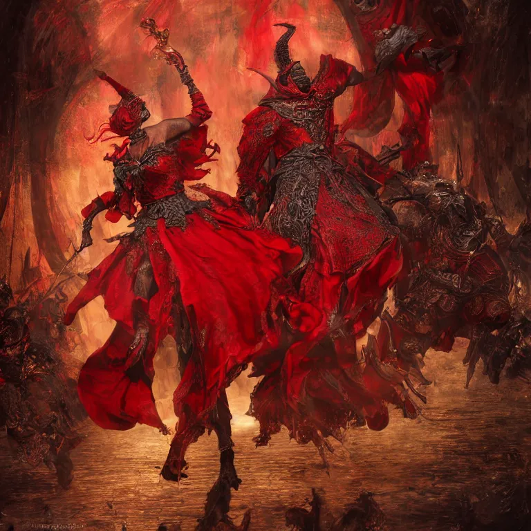 Image similar to black man and a female devil in red dress dancing, Dark Souls 3 themed, in style of Ruan Jia, insanely detailed and intricate, golden ratio, elegant, ornate, luxury, elite, matte painting, cinematic, cgsociety, James jean, Brian froud, ross tran, Laputa