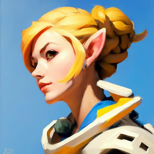 Image similar to Greg Manchess portrait painting of Zelda as Overwatch character, medium shot, asymmetrical, profile picture, Organic Painting, sunny day, Matte Painting, bold shapes, hard edges, street art, trending on artstation, by Huang Guangjian and Gil Elvgren and Sachin Teng