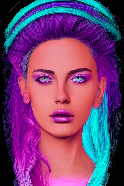 Prompt: a award winning half body portrait of a beautiful woman with stunning eyes in a croptop and cargo pants with ombre purple pink teal hairstyle by thomas danthony, surrounded by whirling illuminated lines, outrun, vaporware, shaded flat illustration, digital art, trending on artstation, highly detailed, fine detail, intricate