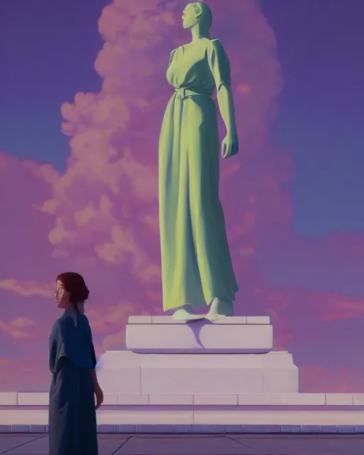 Image similar to a painting of a woman standing in front of a statue, a screenshot by stanley twardowicz, cgsociety, aestheticism, aesthetic, vaporwave, anime aesthetic