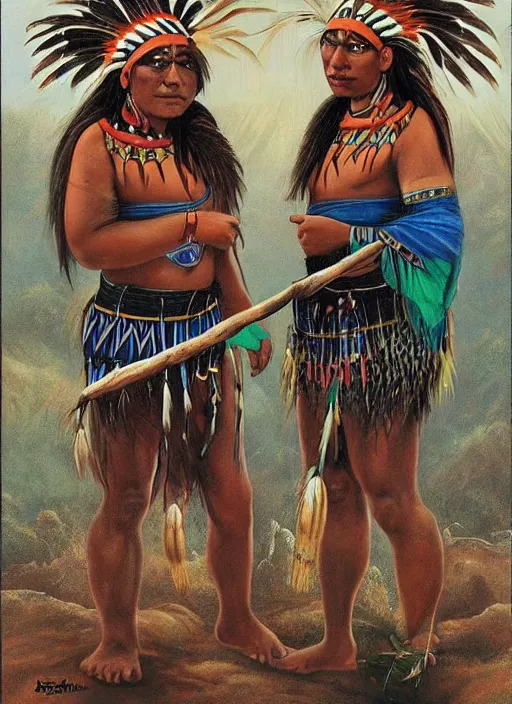 Prompt: two indigenous people working together, fantasy art