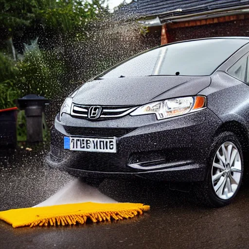 Image similar to baked beans man cleaning a honda jazz in the driveway overcast weather