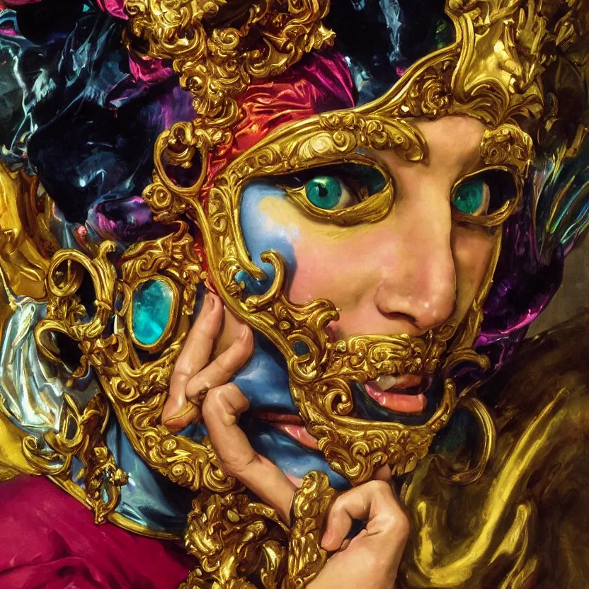 Prompt: a baroque neoclassicist close - up portrait of a colorful uv jester gazing intensely wearing an iridescent retrofuturistic venetian carnival mask at a masquerade, large marble architecture in background. renaissance portrait painting. highly detailed science fiction painting by norman rockwell, frank frazetta, and syd mead. rich colors, high contrast, gloomy atmosphere, dark background. trending on artstation