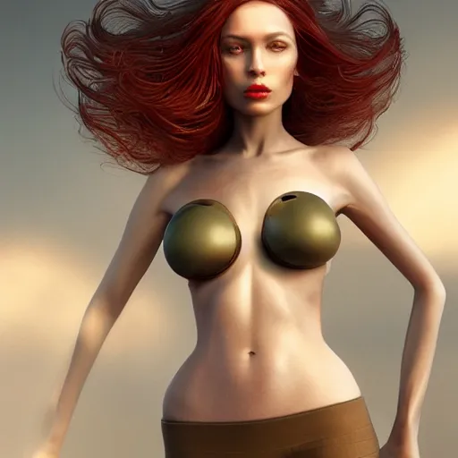 Image similar to Glamorous Runway Model with Ocular Implants, long fan blown dark reddish hair, tight bone structure, olive skin, intricate, elegant, highly detailed, octane render, photorealistic, smooth, depth of field blur, illustration, art James Jean and Kim Keever