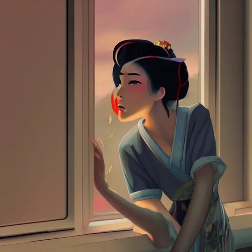 Image similar to a geisha looking longingly out the window hoping to catch a glimpse of her beloved before the storm sets in, ambient lighting, 4 k, lois van baarle, ilya kuvshinov, rossdraws