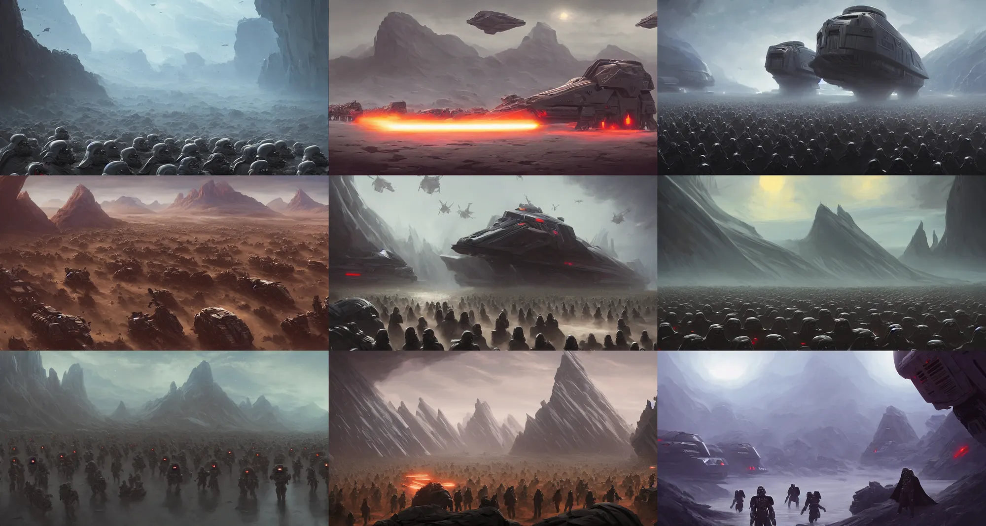 Prompt: Army of Darth Vaders, concept art by Noah Bradley, Darek Zabrocki, Tyler edlin, Jordan Grimmer, Neil Blevins, James Paick, Natasha Tan, highly detailed, ultra detailed, ultra realistic, trending on artstation