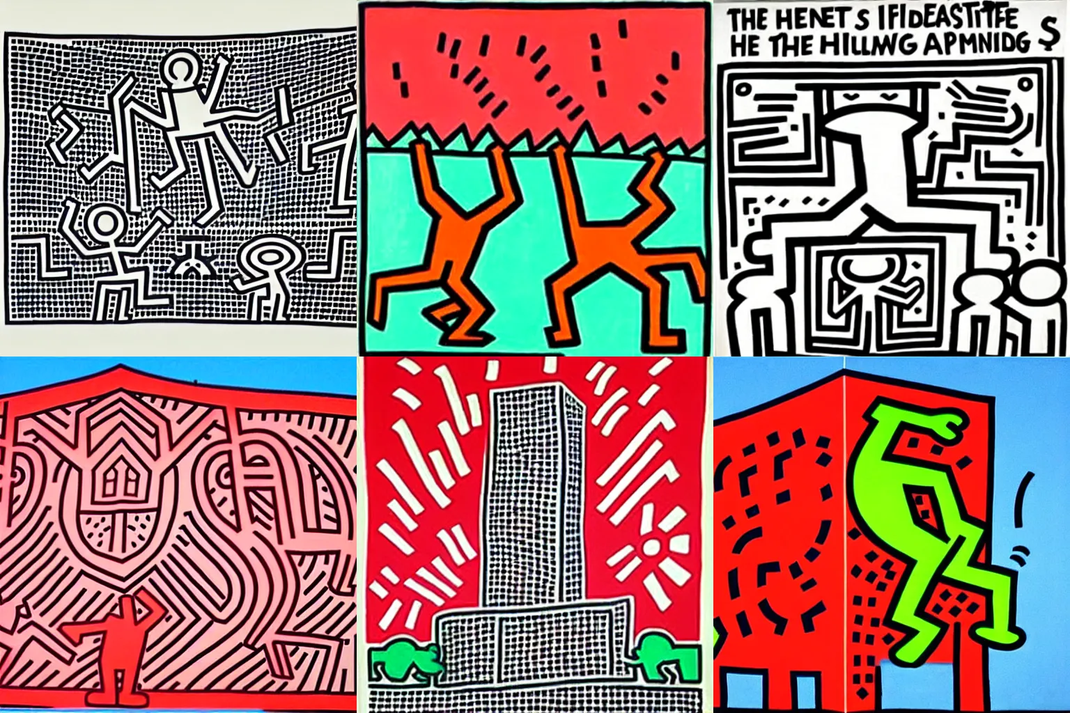 Prompt: artwork by keith haring of a building with a large, very visible humanoid and visible terrain, unique and interesting composition,