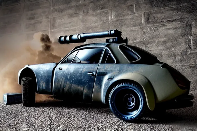 Prompt: dieselpunk mad max alpine a 1 1 0 with guns installed, ghost in the shell