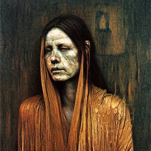 Prompt: portrait of 2000 years old girl, painting by Beksinski