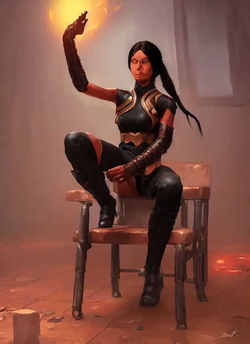 Image similar to An epic fantasy comic book style portrait painting of a tan woman with black hair in a pony tail and serious eyes sitting on a large chair, unreal 5, DAZ, hyperrealistic, octane render, cosplay, RPG portrait, dynamic lighting