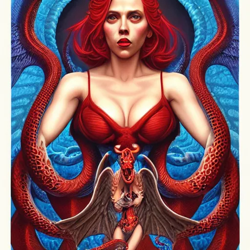 Image similar to demonic female demon hell portrait of scarlett johansson with a long snake and wings as queen of hell and dragons, fire and flame, big long hell serpent dragon octopus, Pixar style, by Tristan Eaton Stanley Artgerm and Tom Bagshaw.