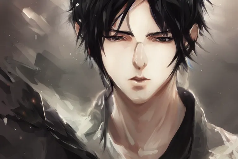 Prompt: anime handsome man with short black hair, black hair, character portrait, portrait, close up, concept art, intricate details, highly detailed by wlop