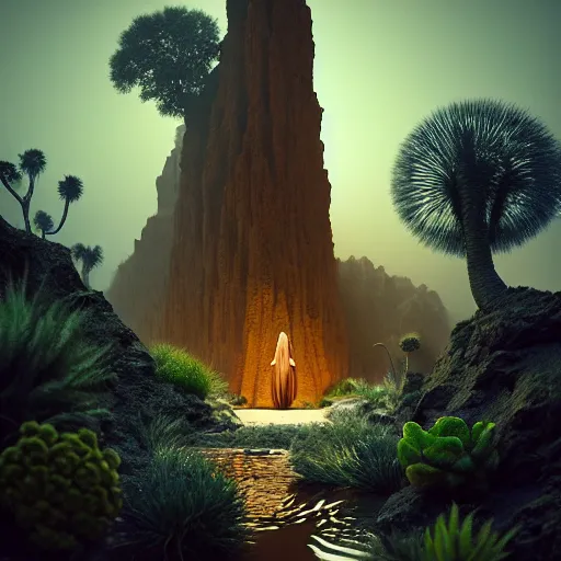 Image similar to monolith in a desert lush vegetation, warm tones, night, water reflection, bioluminescent translucent : : by michal karcz, daniel merriam, victo ngai and guillermo del toro : : ornate, dynamic, particulate, intricate, elegant, highly detailed, centered, artstation, smooth, sharp focus, octane render, 3 d