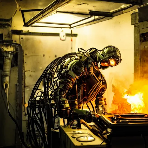 Image similar to technician repairing head of toaster oven mecha, dark messy smoke - filled cluttered workshop, dark, dramatic lighting, orange tint, cinematic, highly detailed, sci - fi, futuristic, movie still