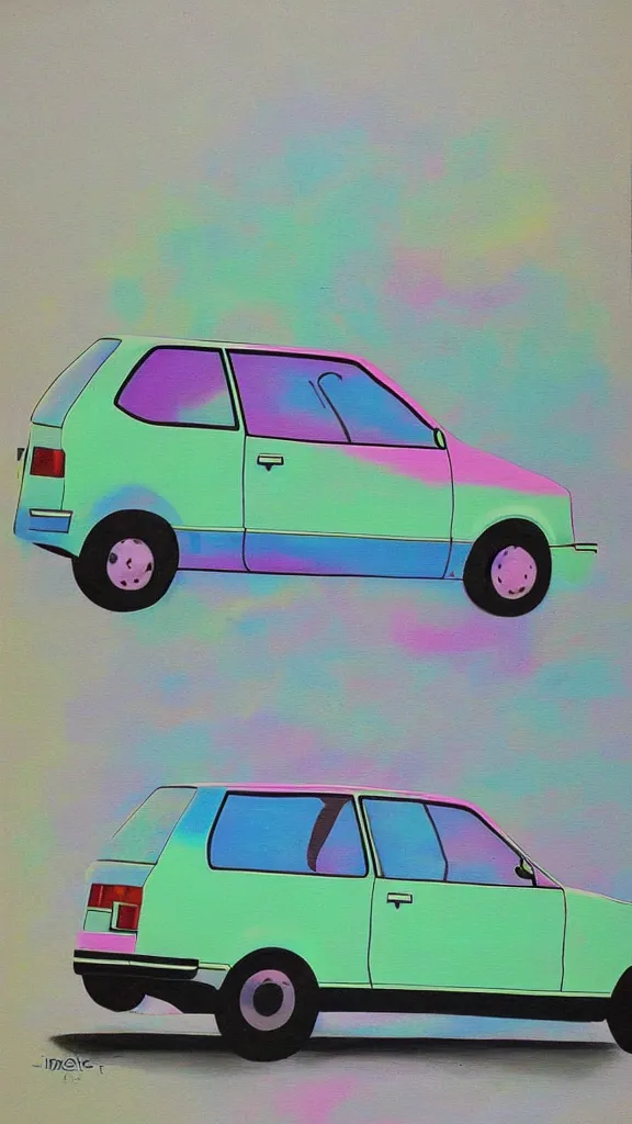 Image similar to outsider art painting of a 1 9 8 0 s vw golf, pastel colour palette, iridescent