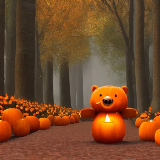 Image similar to a cute smiling bear made of pumpkins walking through the woods, unreal engine