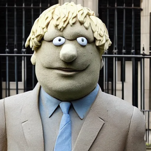 Image similar to a stone sculpture of boris johnson as a muppet outside the houses of parliament, mid distance