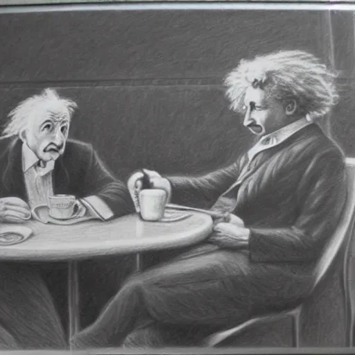 Image similar to Einstein and Newton sitting at cafe, pencil drawing, ultra detailed