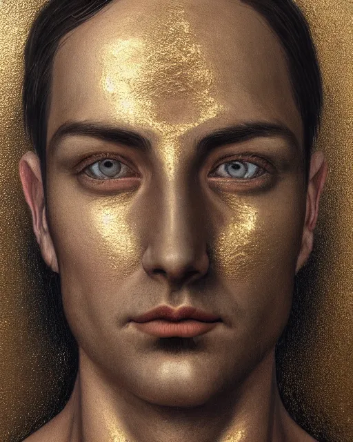 Prompt: realistic portrait of a man, dark art, gold, silver ornaments, facing camera, photo realistic, detailed, 1 4 5 0, delicate, hyper realism, ultra realistic, 8 k