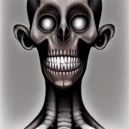 Image similar to humanoid with crooked teeth, two shallow black eyes, long open black mouth, alien looking, big forehead, horrifying, killer, creepy, sepia tint, long open black mouth, dead, looking straight into camera, realistic, slightly red, long neck, boney, monster, tall, skinny, skullish, deathly, in the style of alfred kubin