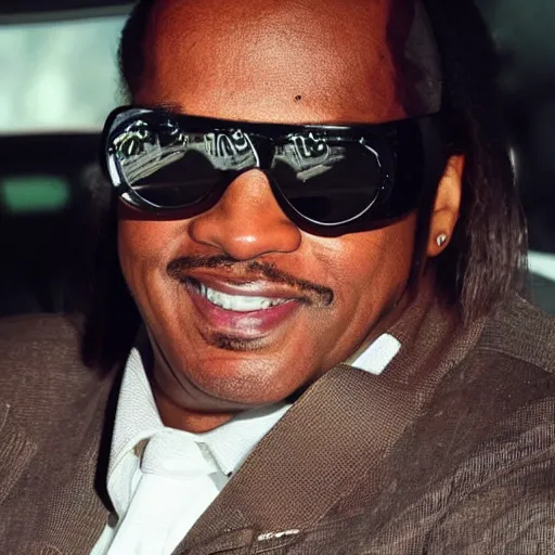 Prompt: a photo of Stevie Wonder driving a taxi