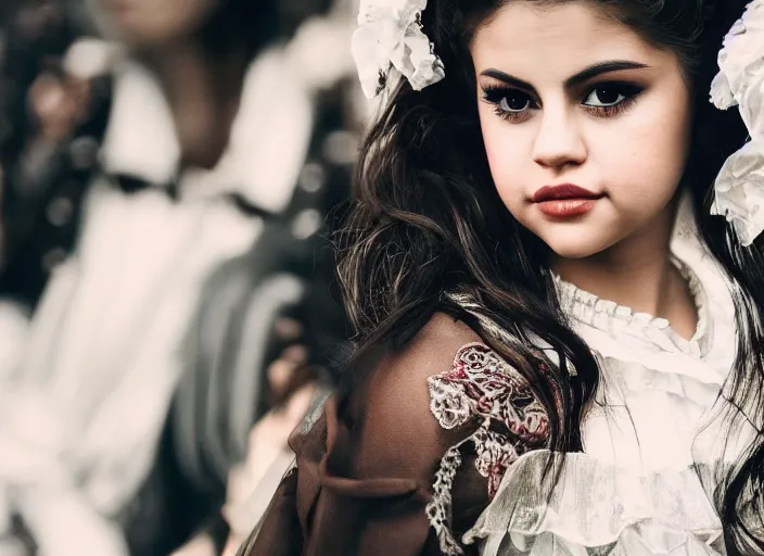 Prompt: closeup portrait of selena gomez wearing adorable victorian gothic lolita fashion, portra 4 0 0 candid photograph portrait by annie leibovitz, 3 5 mm macro shot, f / 3 2, hyperrealistic, cinematic lighting, hd wallpaper, 8 k, 4 k