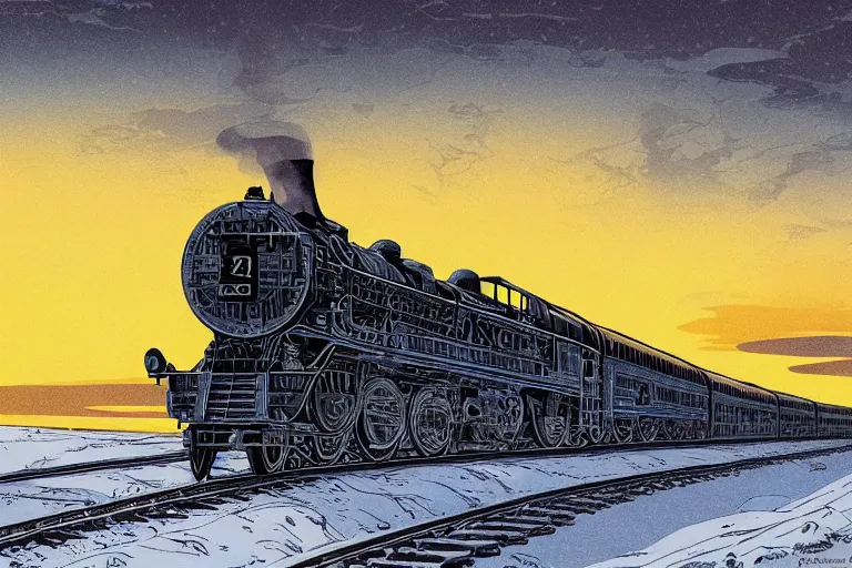 Image similar to trans - siberian express train ultrafine drawing by joe fenton and syd mead and p. craig russell and barry windsor - smith, artstation, 4 k, graphic novel, concept art, matte painting, beautiful russian winter landscape sunset background, golden hour, art nouveau, sharp