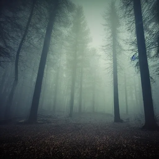 Image similar to a dark misty forest under the moonlight, an undescribable horror lurks below the misty layer, photorealistic, cinematic, hdr, pinhole camera