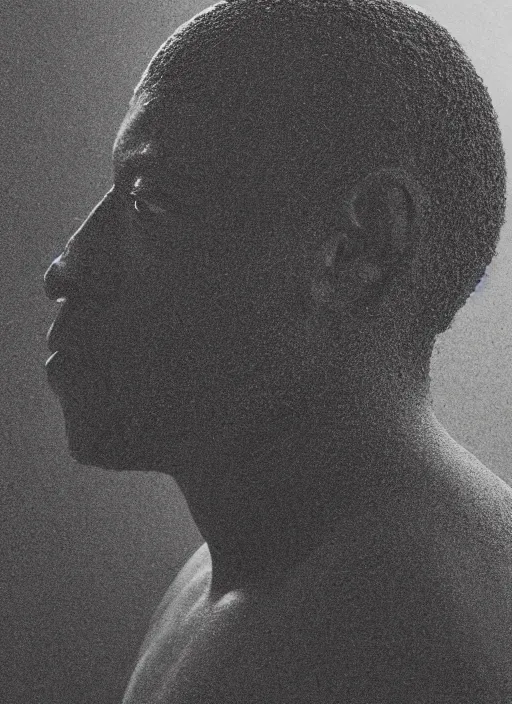 Image similar to a black man's face in profile, made of coxinha, in the style of the Dutch masters and Gregory Crewdson, dark and moody