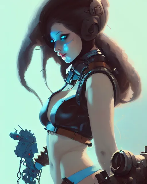 Image similar to portrait of cute goth girl in cyber bikini armor, warhammer, by atey ghailan, by greg rutkowski, by greg tocchini, by james gilleard, by joe fenton, by kaethe butcher, dynamic in lighting, gradient light blue, brown, blonde cream and white color scheme, grunge aesthetic