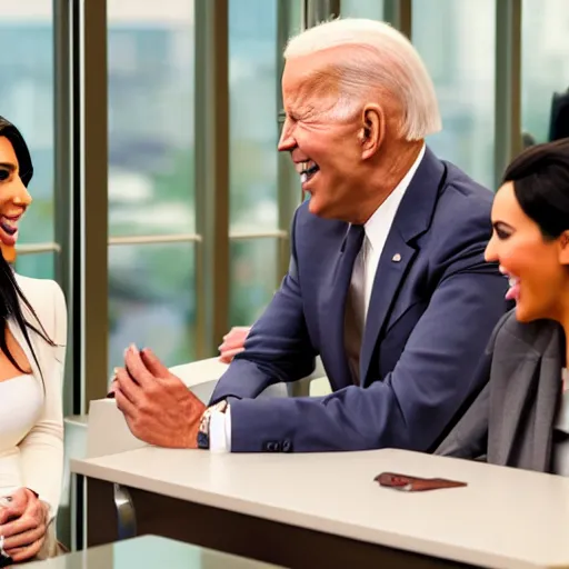 Image similar to stock photo of kim kardashian, and joe biden wearing suits and ties laughing in an office building, 8k resolution, full HD, cinematic lighting, award winning, anatomically correct