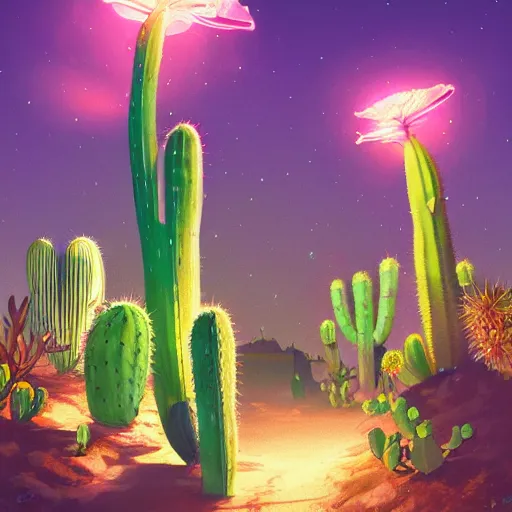 Image similar to glowing cacti, bioluminescent cactus flowers and succulents in the desert night. highly detailed, volumetric lighting, sharp focus, trending on art station, digital painting by wlop, rossdraws, artgerm