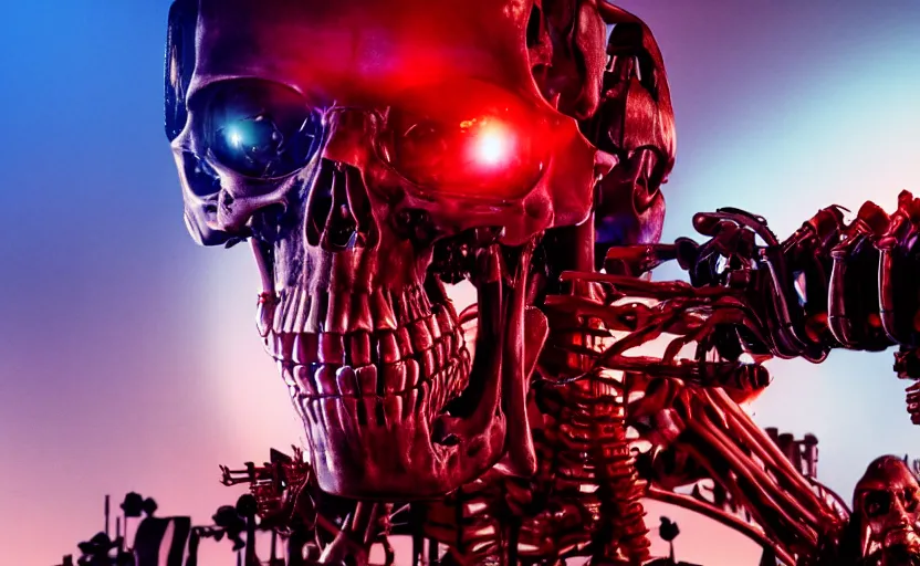 Image similar to terminator skeleton, skynet servers on background. extreme long shot, high detail, low saturated red and blue light, cinematic colors