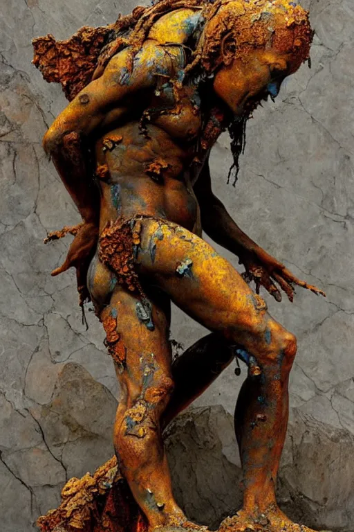 Image similar to realistic detailed statue full body of the vallyrian golem made with marble and with stained rust golden wings, cracked body full of scars, made by Karol Bak, Mark Brooks and Bernini. Rich colors. Beksinski and painting. Masterpiece