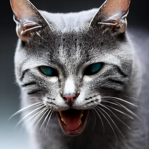 Prompt: photo of an andromorphic cat making an angry telephone call to tec - support