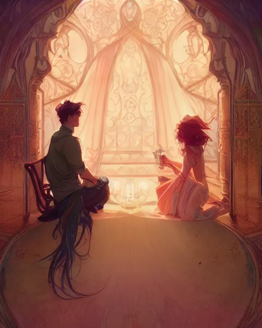 Image similar to secret romance, highly detailed,, gold filigree, romantic storybook fantasy, soft cinematic lighting, award, disney concept art watercolor illustration by mandy jurgens and alphonse mucha and alena aenami, pastel color palette, featured on artstation