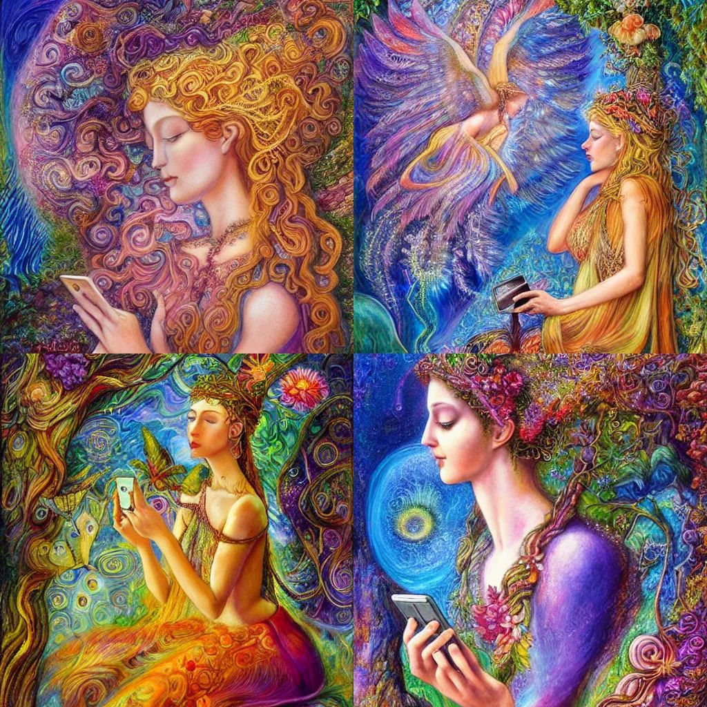 Prompt: nature goddess checking her phone, by josephine wall, magic realism, octane, art by amanda sage,