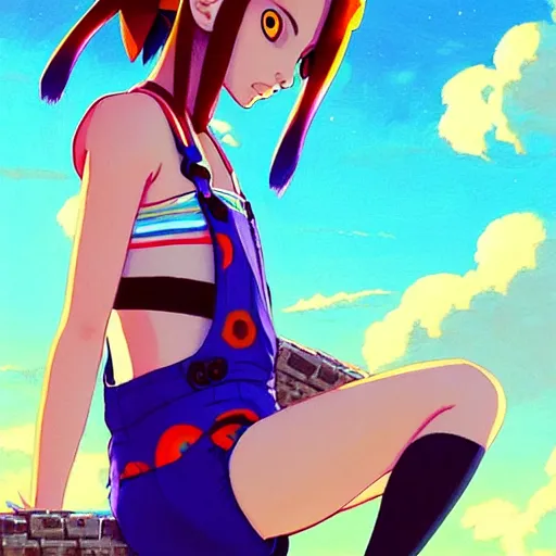 Image similar to beautiful boyish natalie portman gravure model in majora's mask, wearing big mayan bomber jacket with overalls and leotard, big bomber jacket with subtle mayan patterns, aztec bathing suit, gapmoe yandere grimdark, trending on pixiv fanbox, painted by greg rutkowski makoto shinkai takashi takeuchi studio ghibli, akihiko yoshida