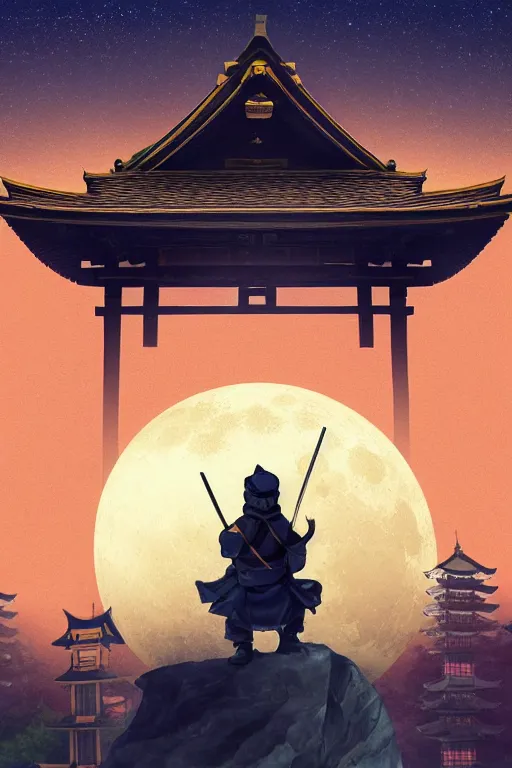 Prompt: a ninja on a roof of a japanese temple with the moon on the background, mixed media, digital art, trending on artstation, 8k, epic composition, highly detailed, AAA graphics